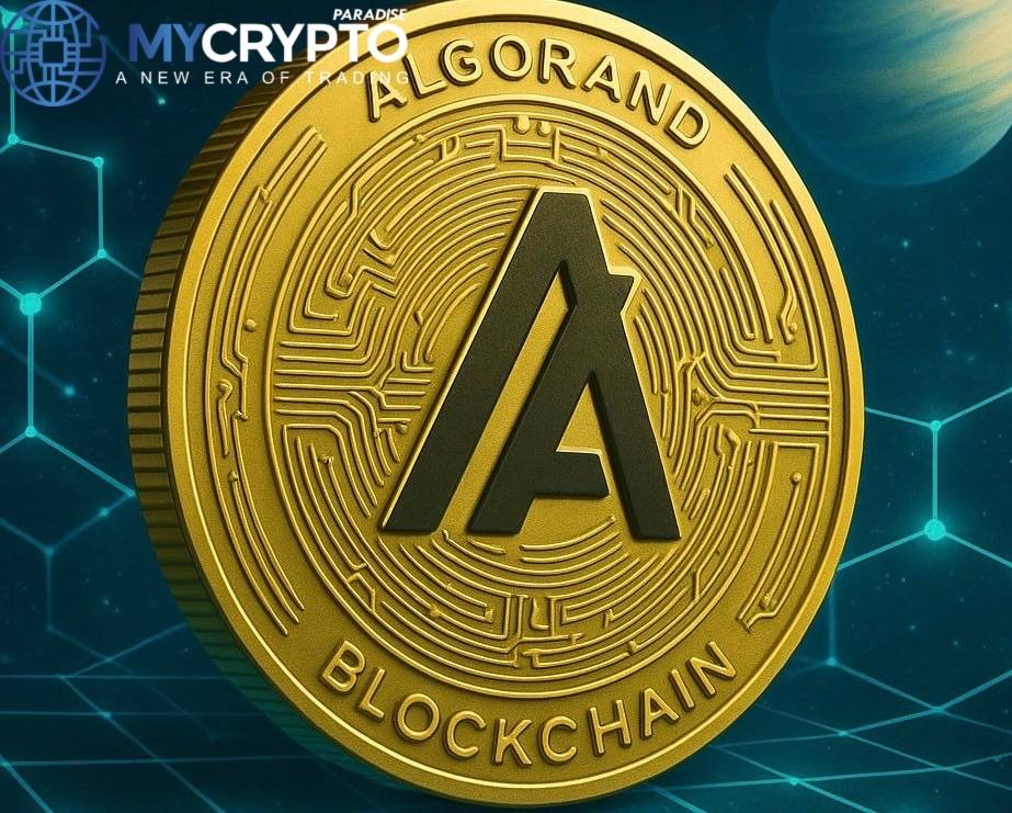 Golden Algorand blockchain coin with futuristic circuit design set against a cosmic digital network background