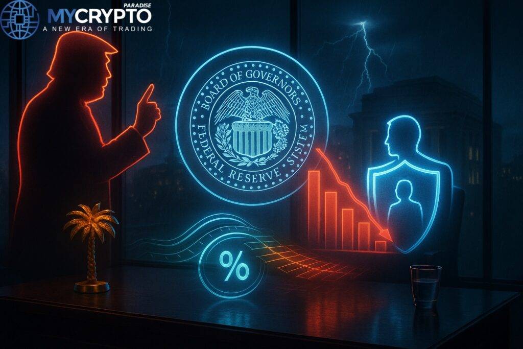 Golden palm tree sculpture and glass cup on trading desk with glowing Fed emblem, rate cut charts, Trump silhouette confronting shielded Fed Governor, symbolizing political battle over central bank independence