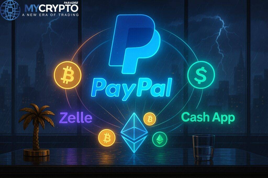 Golden palm tree sculpture and glass cup on trading desk with glowing PayPal hologram overpowering Zelle and CashApp logos, with Bitcoin and Ethereum symbols flowing in, symbolizing fintech battle and crypto integration