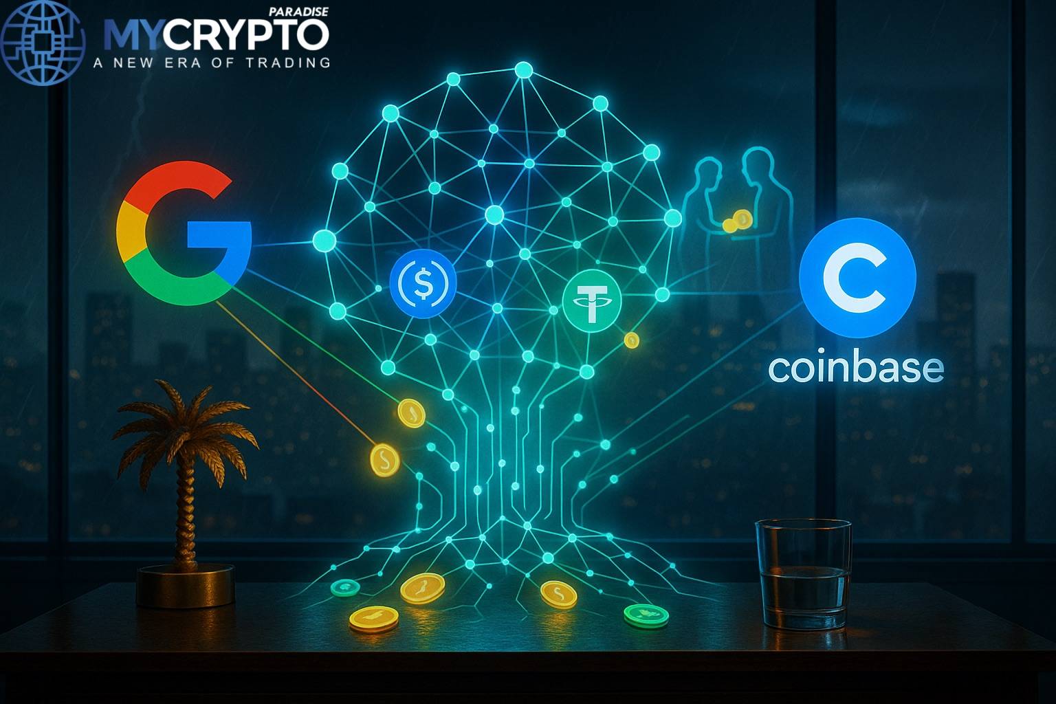 Golden palm tree sculpture and glass cup on trading desk with glowing AI neural hologram channeling stablecoins, flanked by Google and Coinbase holograms, symbolizing AI apps powered by machine payments